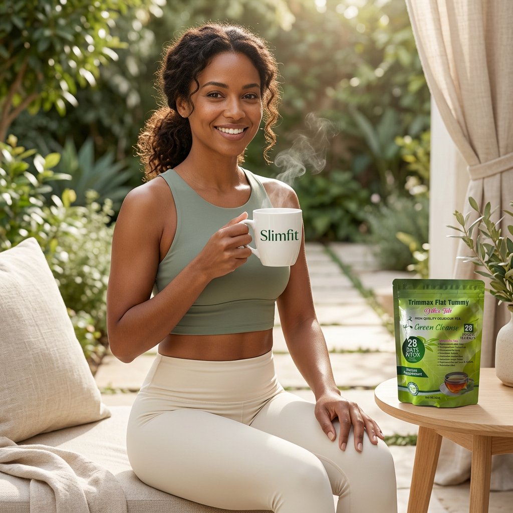 Woman with Slimfit tea in a fresh, peaceful garden setting
