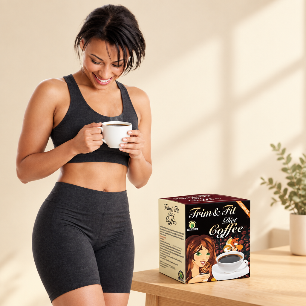 Hero shot with model holding coffee beside the box