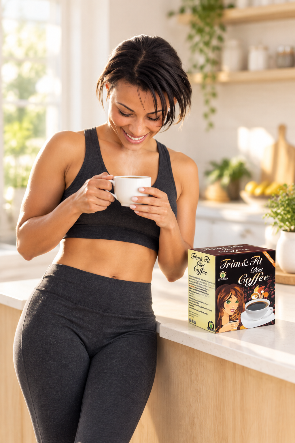 Lifestyle shot of model with coffee at the kitchen counter
