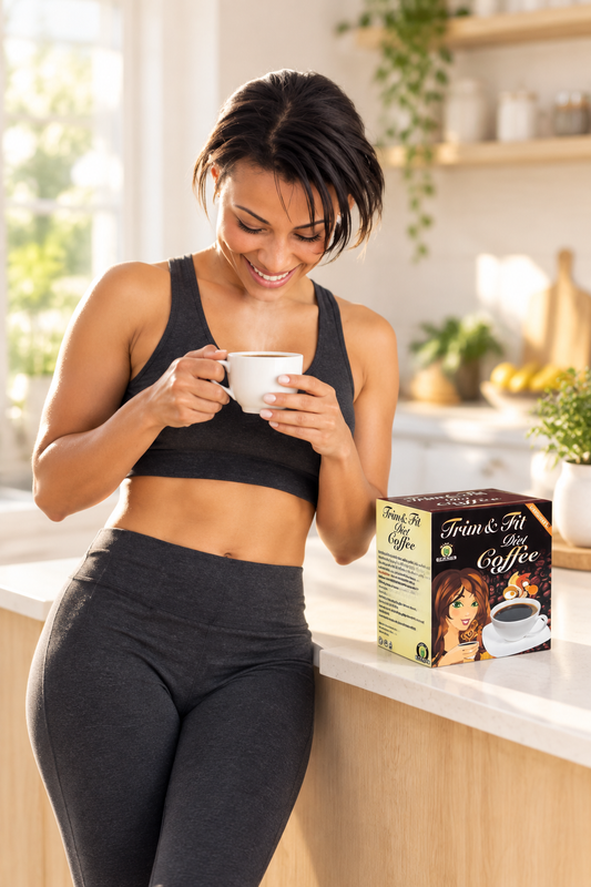 Lifestyle shot of model with coffee at the kitchen counter